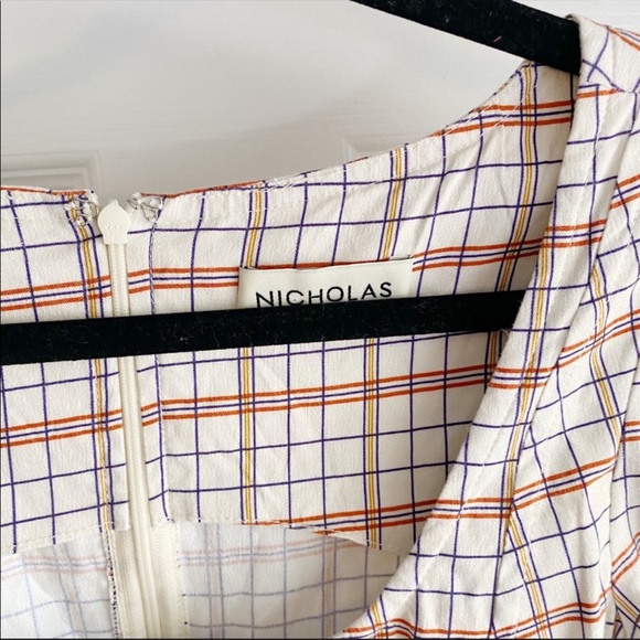 Nicholas Plaid Button Front Puff Sleeve Mini Dress Linen Blend Cream Red Size 2 - Picture 5 of 12